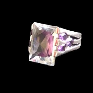 18K Gold E Purple Cubic Zirconia 2 tone silver Statement Ring Size 7.5 16gram